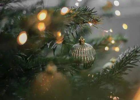 Close Up Of A Christmas Tree Showing A Few Branches, One Silver Bauble And Some Tree Lights