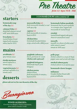 Lower Resolution Image Of Buongiorno's Pre Theatre Menu - Linked To A PDF Version